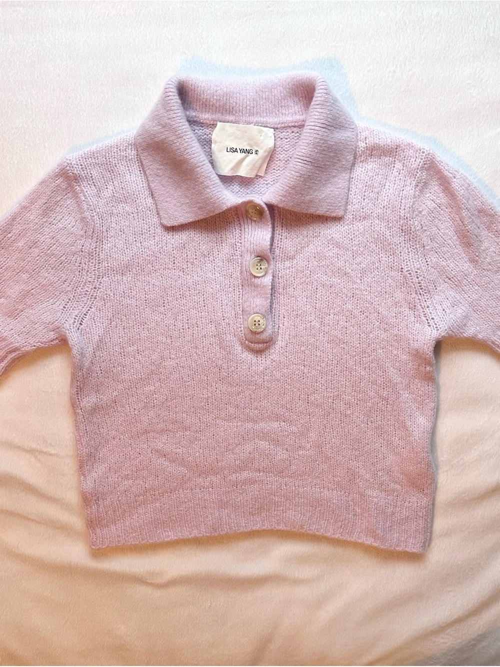 Lisa Yang Masy Lilac Cashmere & Silk Cropped Polo Short Slv Sweater S/M purple